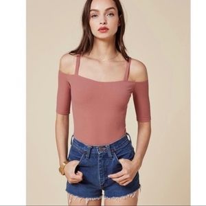 Reformation Alessa Pink Ribbed Knit Bodysuit Sz S